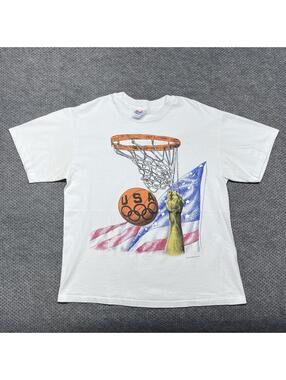 Vintage 90s USA Basketball Olympic Games Flag T-Shirt Large RARE MENS WHITE